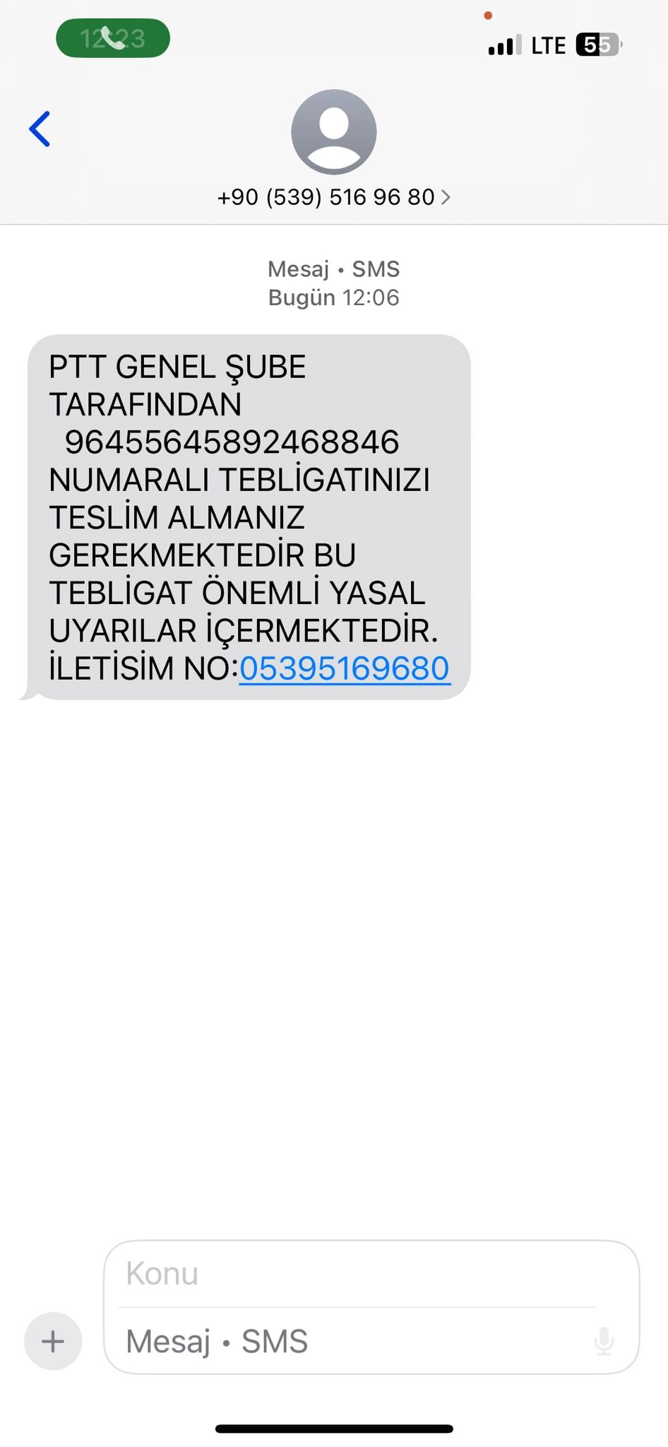 Sahte PTT Mesajı Örneği