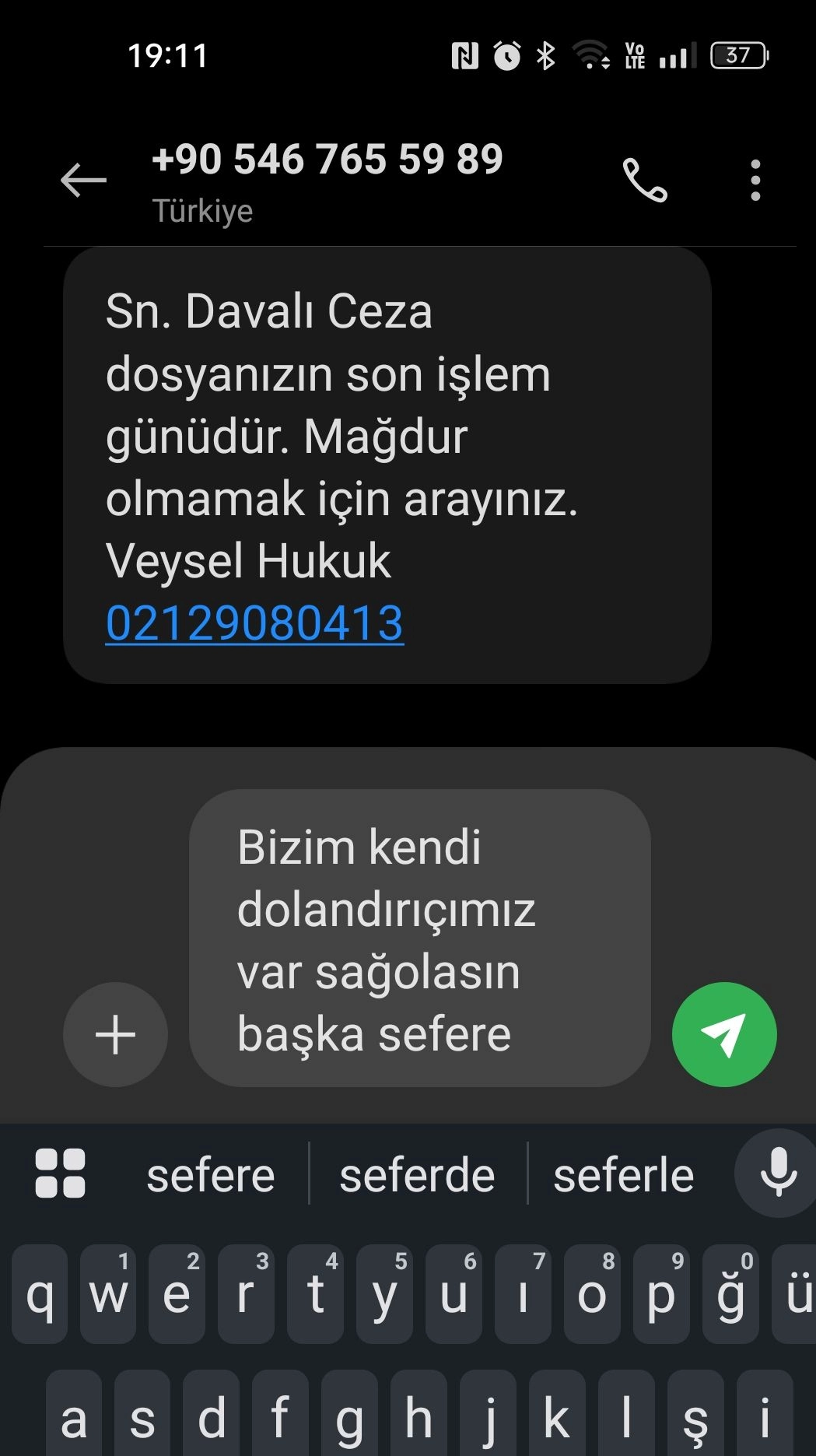Sahte Veysel Hukuk Bürosu Mesajı